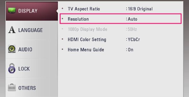 13 Connecting 2 Connecting Resolution setting The player provides several output resolutions for HDMI OUT jack. You can change the resolution using [Settings] menu. 1. Press HOME (1). 2. Use a/d to select the [Settings] and press ENTER (b).