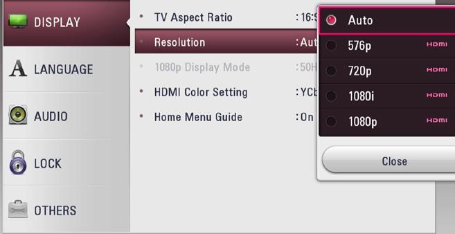 Use w/s to select the [Resolution] option then press ENTER (b) to move to the third level. 5. Use w/s to select the desired resolution then press ENTER (b) to confirm your selection.