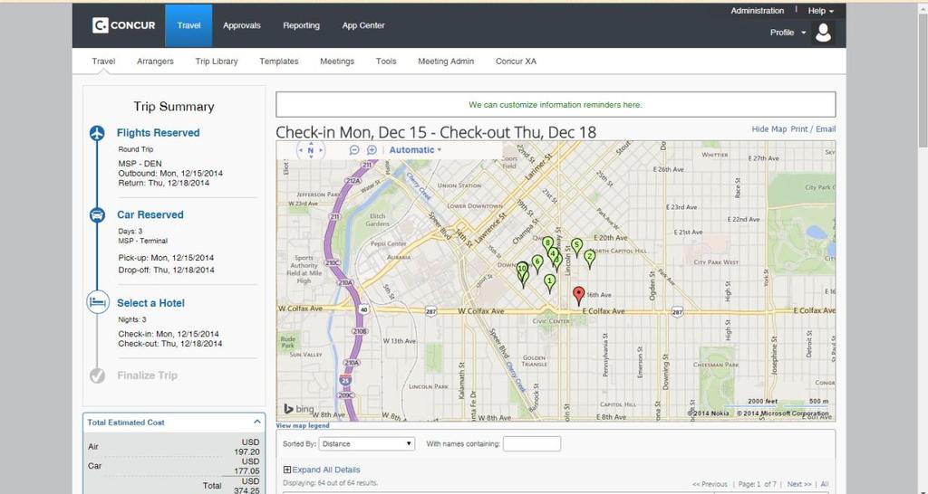Making A Reservation Hotel Search & Options: Concur will show a map of the area, based