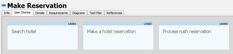 3. Create user stories by double clicking the empty region inside the tab. Create three stories: Search hotel, Make a hotel reservation and Process rush reservation.