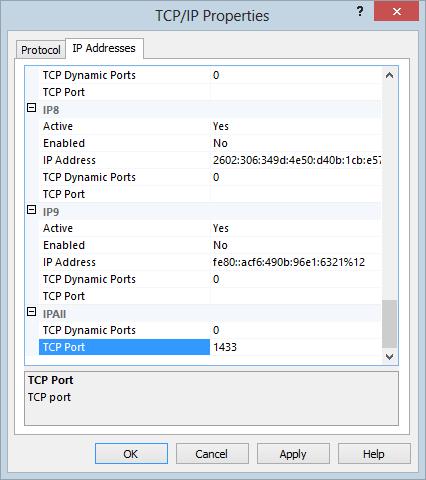 7. Within the IPAll, change TCP Ports to 1433. 8. Press the Apply button to save the configuration. NOTE: TCP Dynamic Ports is automatically assigned randomly during installation. 9.