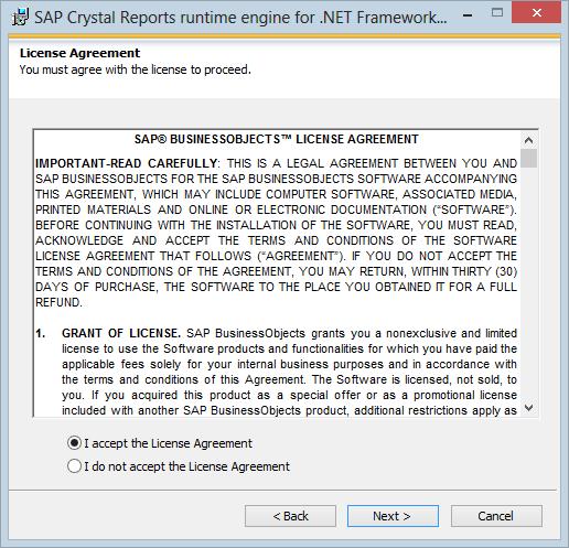16. The SAP Crystal Reports License Agreement will appear.