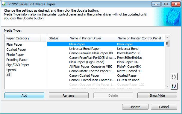 <<Important>> When you update the media information, the paper display order and Show/Hide settings return to their default values. 4.
