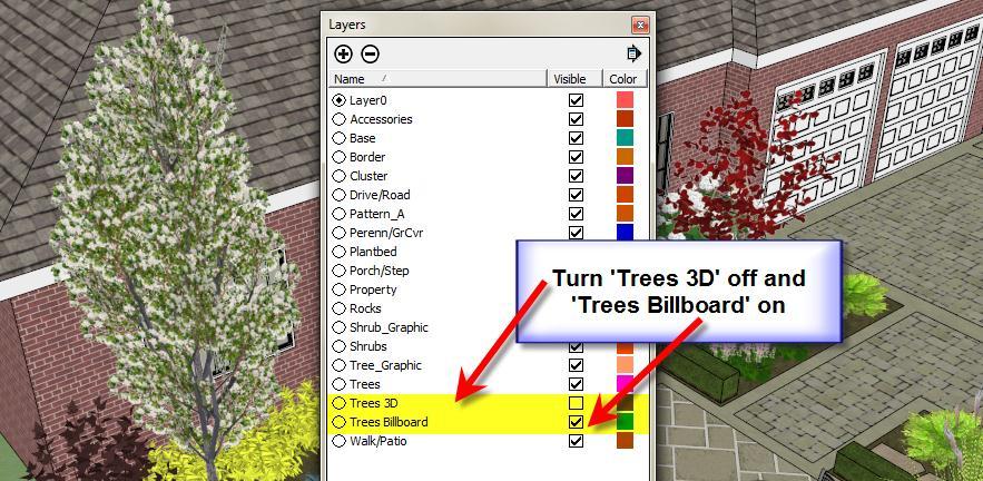 4. Use 2D trees instead of 3D: The DS Sketch3D website offers a large library of 2D components as well. If your model requires lots of trees, use 2D trees, especially for existing or background trees.