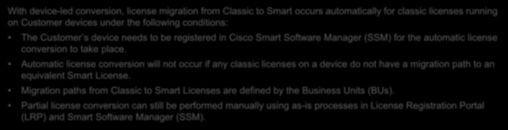 to be registered in Cisco Smart Software Manager (SSM) for the automatic license conversion to take place.