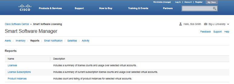 Reports Licenses and Product Instance Details 3 Generate reports for selected Virtual Accounts: you can run reports in the tool (it will open in a web page of your browser), or export to CSV or XLS.