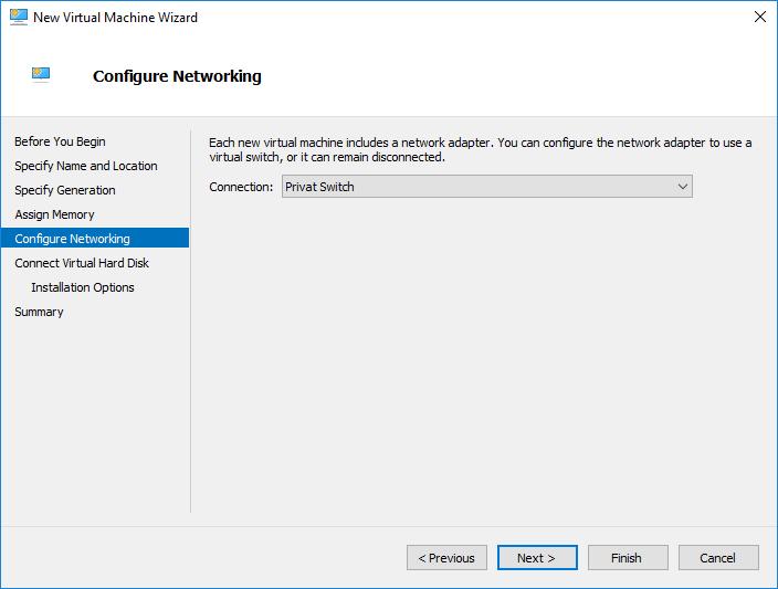 On the Configure Networking wizard, select a virtual switch for the virtual machine and click