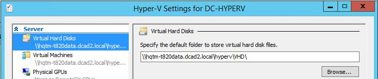 data path, \\hqtm-t820data.dcad2.local\hyperv\vhd, mapped to drive Z:\ on the standalone Hyper-V server (figure 2-12, point 1 and point 2).