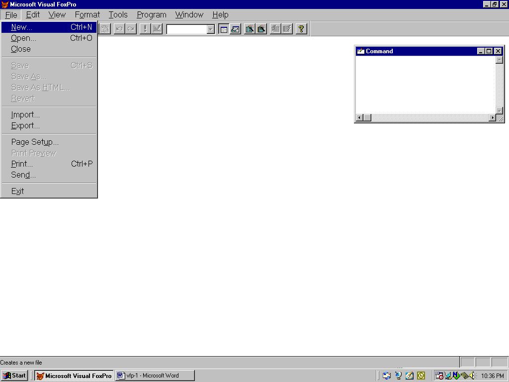 Visual FoxPro - An Introduction:: 37 The Visual FoxPro window will appear on your screen as shown in the above fig. 4.