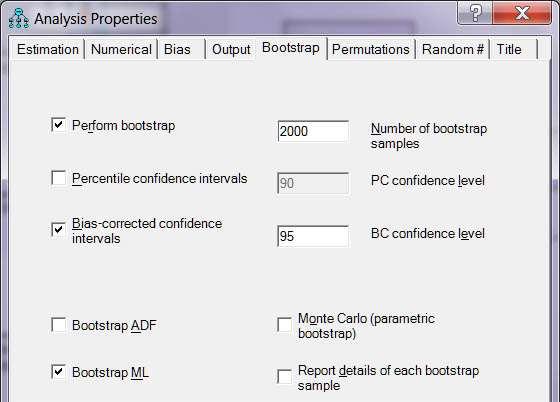 5 Indirect effects are best tested with bootstrapping methods. Click the bootstrap tab and check the boxes as indicated to the right. Ask for 2,000 bootstrap samples and 95% confidence.
