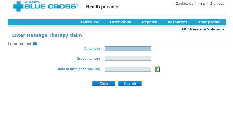 2 Enter the patient s information: Navigate to the Enter claim menu option and enter the patient s ID number and group number exactly as they appear on their Alberta Blue Cross or ASEBP