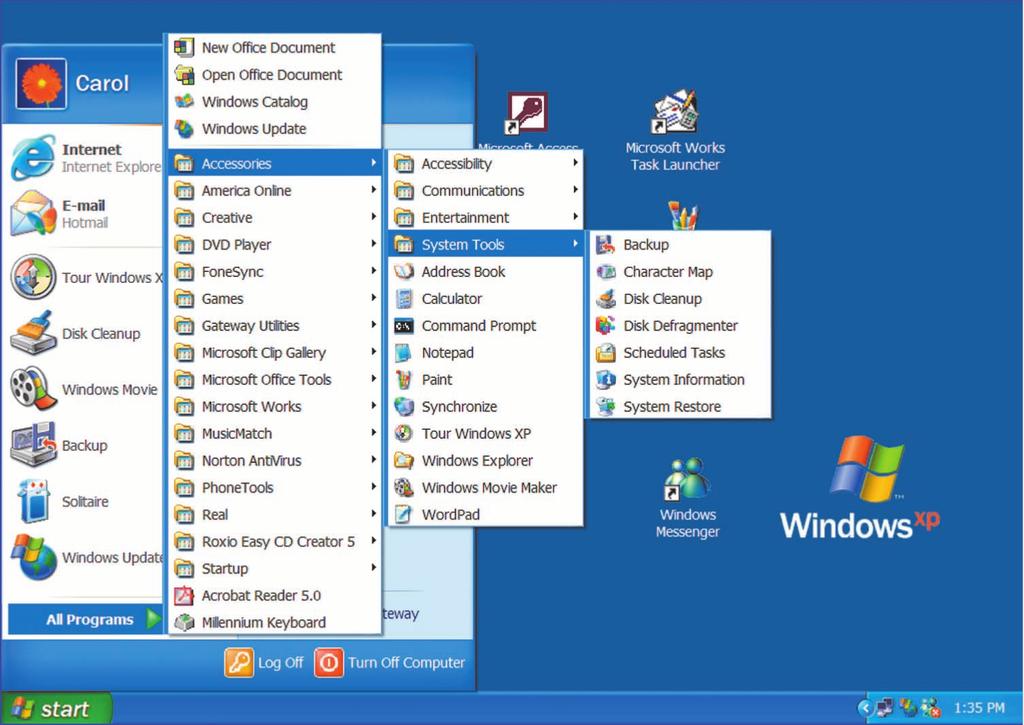 Windows Utilities Backup Disk Cleanup Disk Defragmenter Accessing Windows XP utilities: