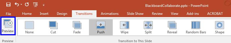 Adding a Slide Transition 1. Select the slide you wish to apply a transition to. 2. Select the Transitions tab (See Figure 1). 3.