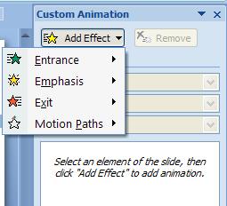 2. Go to the Animations tab, in the Animations group, and select Custom Animation. This brings up an animation task pane on the right side of the window. 3.