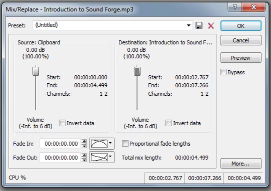 Move the cursor to the music file (destination file) and click on where you want the voice to start. Then choose Edit Mix. The Mix now dialog appears.