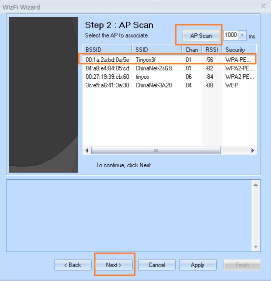 For this page, we click AP Scan to scan the available APs around, if your wireless router works fine, it will exist