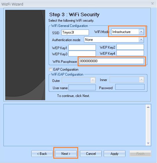 This step is for the security. The name of your wireless device will shown in the form of SSID, and choose infrastructure for WiFi mode.