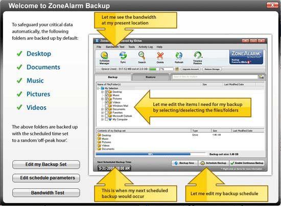 ZoneAlarm Backup Classic Interface ZoneAlarm Backup Classic s interface is simple, making it easy for you to navigate through the application.