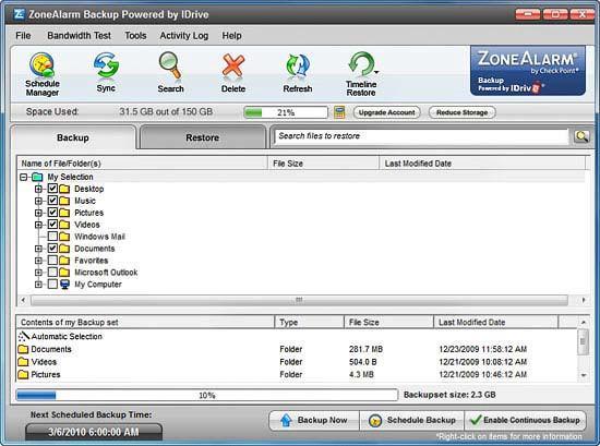 Classic Main Screen The ZoneAlarm Backup Classic main screen is shown below: The ZoneAlarm Backup Classic Main Screen has Backup and Restore tabs with the respective menu bar and toolbar options.
