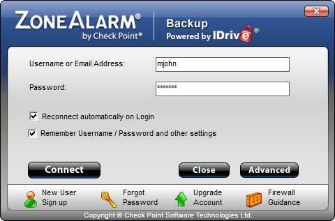 Login to ZoneAlarm Backup You can login to the application in the following ways: Double-click the ZoneAlarm Backup powered by IDrive icon on your Desktop.