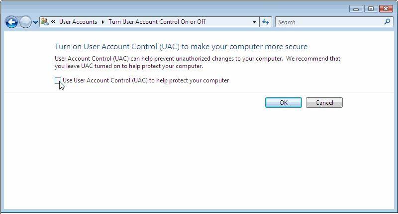 5. Don't check the Use User Account Control(UAC) to help you protect your computer option, then click the OK button 6. Restart your computer once. 7.