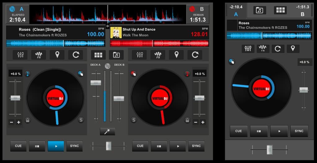 VIRTUALDJ REMOTE APPLICATION Tablet View Phone View VirtualDJ Remote is an application for ios and Android that uses mobile devices as an additional interface to remotely control the VirtualDJ