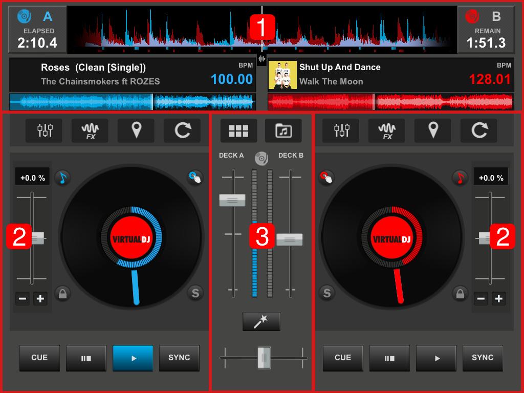 TABLET VIEW On a tablet, the VDJ Remote displays most of the information and controls in the main interface so that VirtualDJ can be monitored and controlled while away from the main computer.