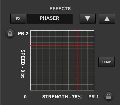 EFFECTS Effects are activated by touching the FX button or the text of the specified effect. Use the Up/Down arrows to cycle through the effects list.