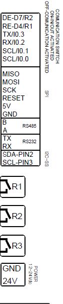 Page18 15 Communications pinout configuration In LEFT Zone and TOP Zone Arduino communication PINS can be enabled: 15.1 LEFT Zone Arduino Pin Switch mode OFF* 7 DE R1 4 RE R2 1 TX I0.3 0 RX I0.