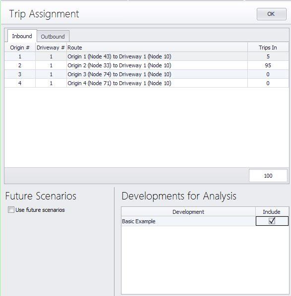 8. Review Trip Assignment Characteristics: Review the calculated Trips In and Trips Out by pressing the Trip Assignment button.