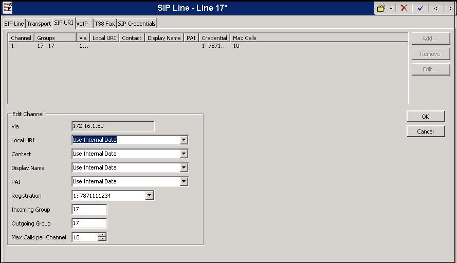 A SIP URI entry must be created to match each incoming number that Avaya IP Office will accept on this line. To create a SIP URI entry, first select the SIP URI tab.
