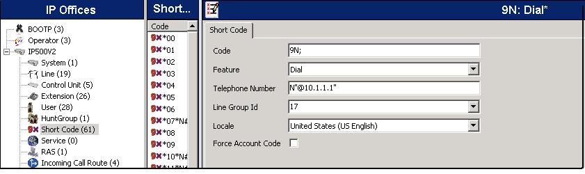 5.5. Short Code Define a short code to route outbound traffic to the SIP line. To create a short code, right-click on Short Code in the Navigation Pane and select New.