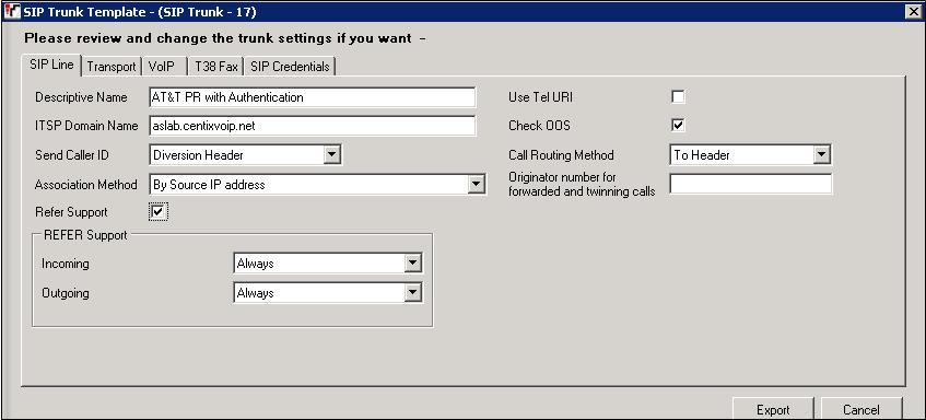 The trunk s settings are displayed as configured in Section 5.4.