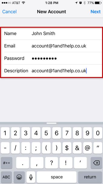 Enter the Name you wish to display to others when sending an E-mail, your full E-mail Address and the Password for the
