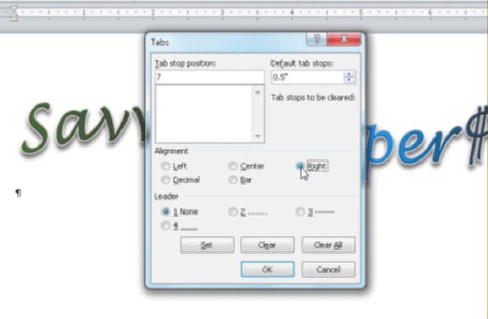 Tabs dialog box Figure 7 7 Type 7 in the Tab stop position text box (Tabs dialog box).