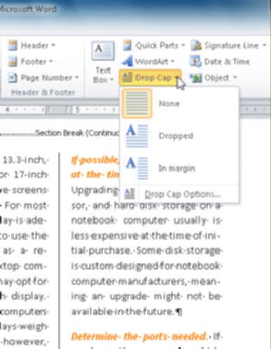 Position the insertion point somewhere in the first paragraph of the feature article. Display the Insert tab.