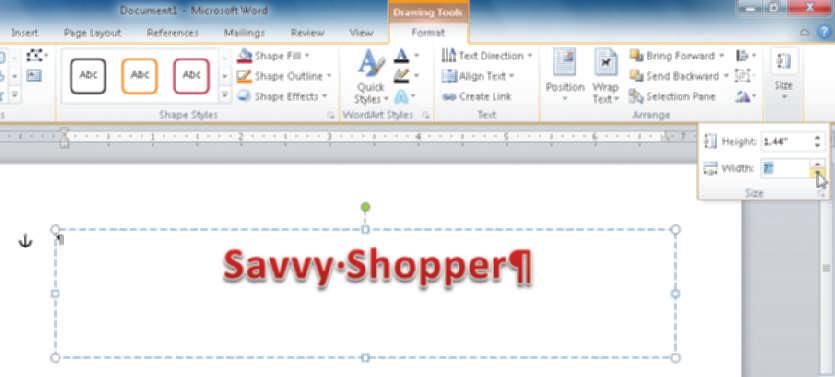 Type Savvy Shopper to replace the selected placeholder text in the WordArt drawing object (shown in Figure 7 6).