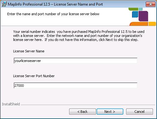The License Server Name and Port dialog box opens. Note: The server name is in the format \\yourlicenseserver, and is the name or IP address for the machine that the license server is installed to.