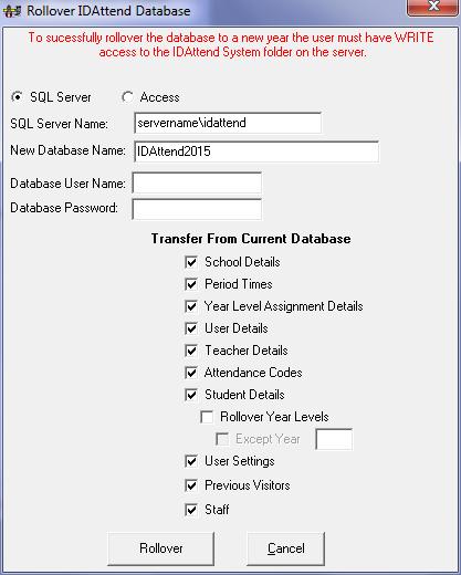 DO NOT DO THE ROLLOVER WITH AN OLDER VERSION OF IDATTEND. The following procedure need only be done once per school, no other users should be logged into IDAttend while the rollover is being done.