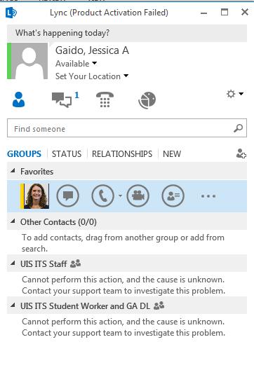 The Microsoft Lync Interface Enter a status, or update your availability and location Type a name in the toolbar to search for a display an individual