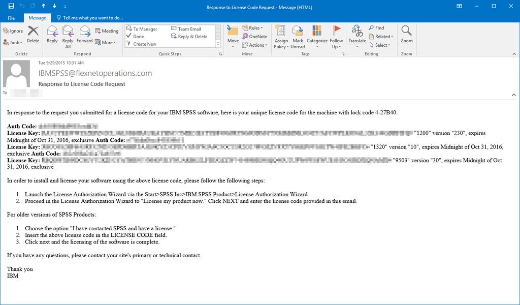The email reply you receive back from IBM will contain your SPSS license keys.
