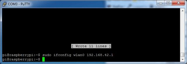 Save the file (Control-X Y ) Assign a static IP address to the wifi adapter by running sudo ifconfig wlan0 192.168.42.