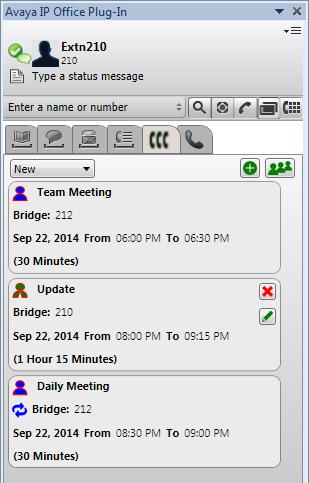 Avaya IP Office Plug-in for Microsoft Outlook: Conference Calls 13.8.5 Scheduled Conferences Clicking on the tab shows you your scheduled conferences.