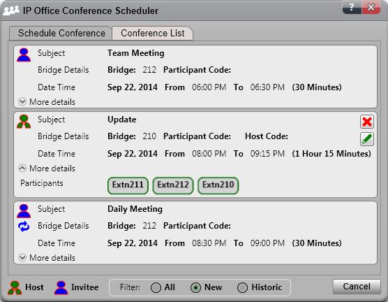 13.8.5.1 View the Conferences in Detail To view the conference details: 1. Clicking on the 2. Click on the tab to show your scheduled conferences. icon.