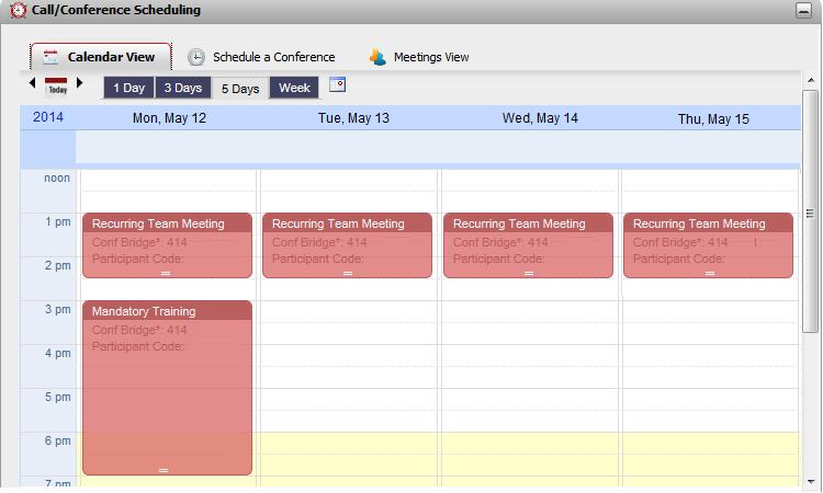 Conference Calls: Conference Scheduling 4.13.1 Viewing Your Conference Calendar The Calendar View shows your scheduled conferences in a traditional appointment book style.