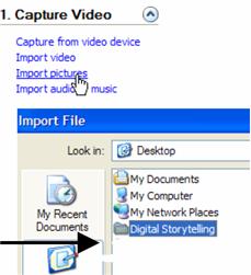 seconds. STEP 3: Click on: Import Pictures which is located under the Capture Video heading. STEP 4: 1- Locate the file folder that you saved to your desktop.