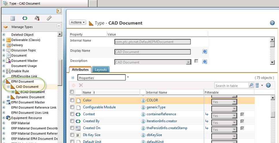 Attributes Custom CAD document attributes that were created in the Windchill Setup Assistant can be viewed by site or organization administrators in Windchill using the Type and Attribute Management