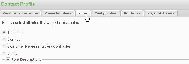 Note that Via West calls contacts in order of their phone number priority, as established by the account administrator. ROLES TAB: 1. Click on the Roles tab to add the role(s) of the new contact.