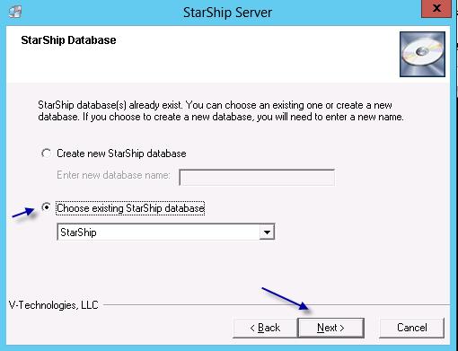 10. If you already have a functional StarShip database on an existing SQL instance, select Choose existing StarShip database.