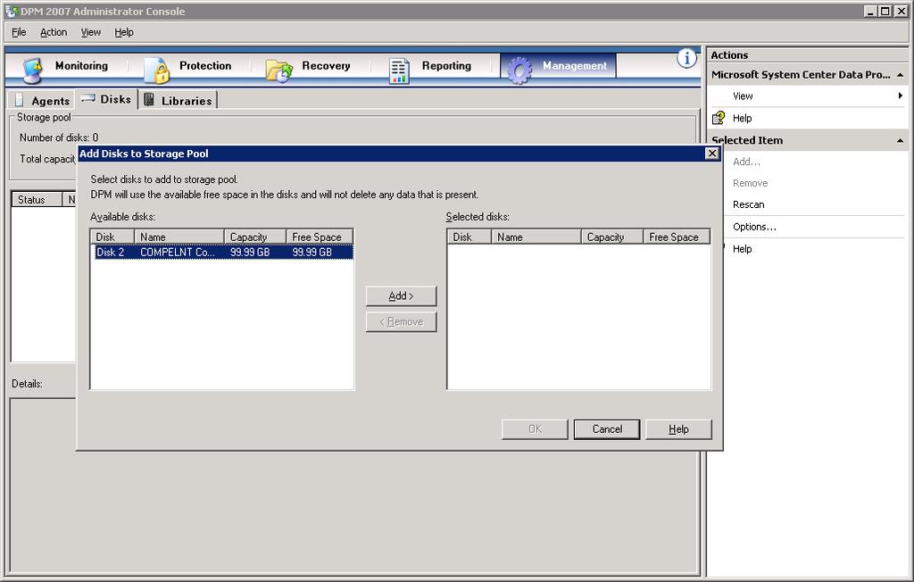 3. Back in the DPM console, at the top of console, click on Management, Disks tab,